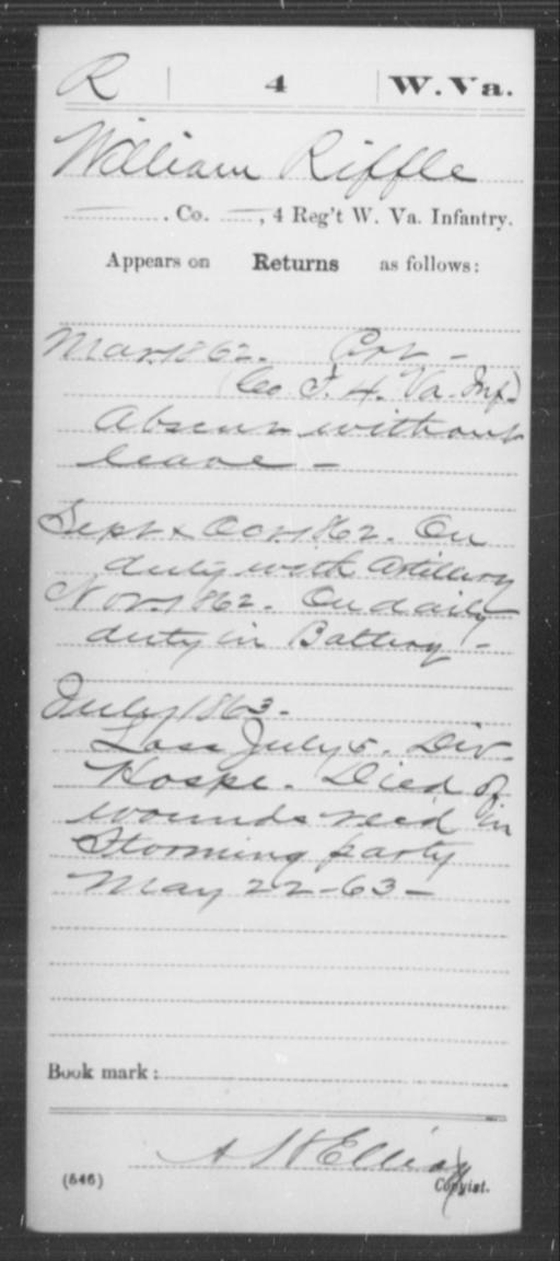 Riffle, William - Age [Blank], Year: 1862 - Miscellaneous Card ...
