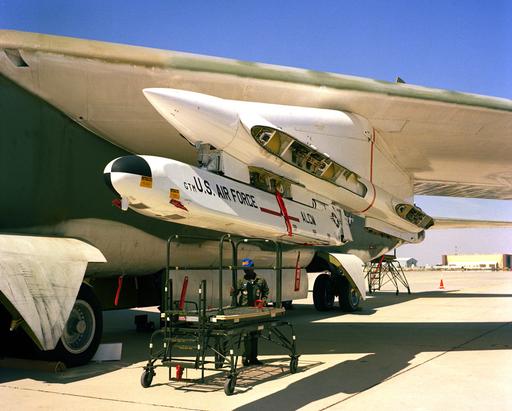 A left front view of an AGM-86 air launched cruise missile… — NARA and ...
