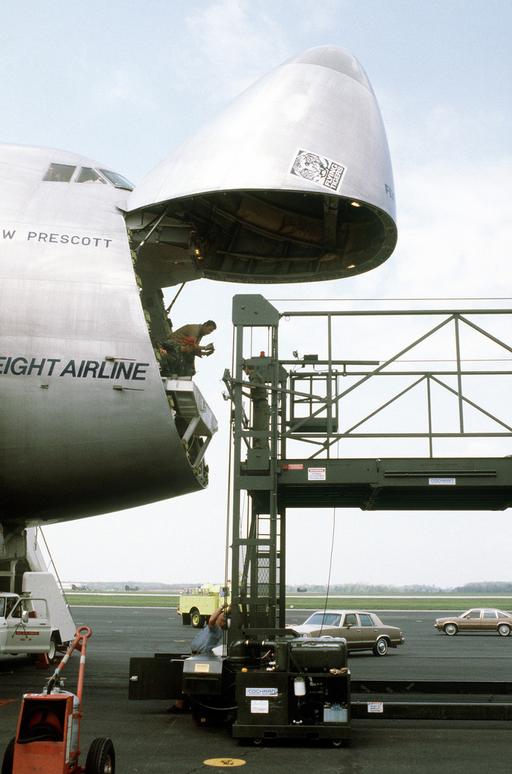 A right side view of the nose opening of a 747 cargo aircraft as a ...