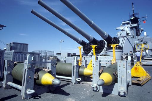 Sixteen-inch projectiles prior to being offloaded from the battleship ...