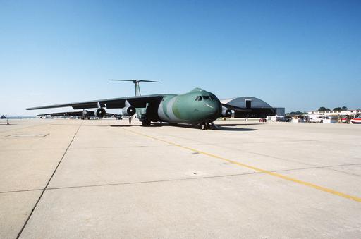 Right front view of a C-141B Starlifter aircraft on display during the ...