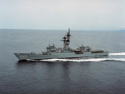 An aerial portside view of the Knox Class Frigate USS… — NARA and