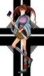 A woman in a skirt holding a cell phone. Cartoon original character.