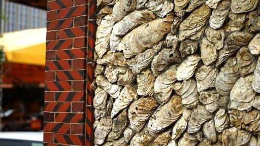 Clam shell house china building. A brick wall with oyster shells on it ...