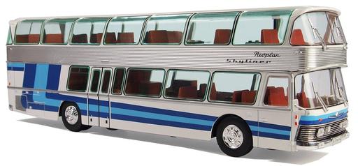 A silver and blue double decker bus on a white surface.… — PICRYL