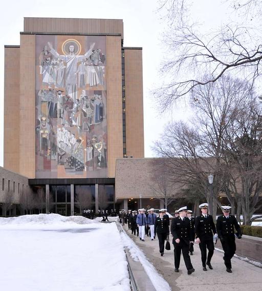 Naval ROTC midshipmen walk on the University of Notre Dame campus ...