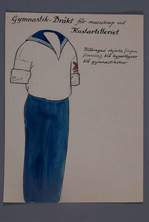Uniformsteckning i original av Einar von Strokirch, gymnastikdräkt för manskap vid Kustartilleriet., uniform, drawing, gymnastics, military, personnel, einar von strokirch, gymnastikdrakt, manskap