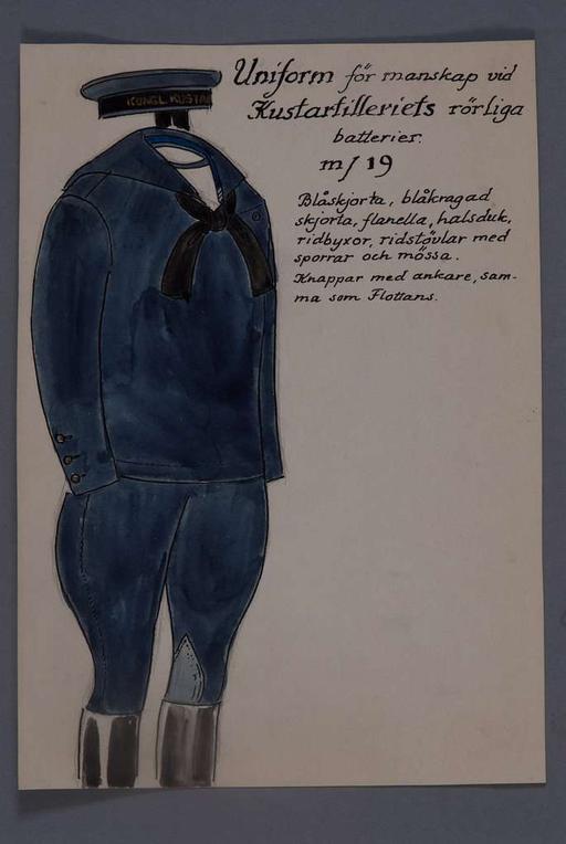 Uniformsteckning i original av Einar von Strokirch, för manskap vid Kustartilleriets rörliga batterier., uniform, drawing, einar von strokirch, coastal artillery, military, enlisted men