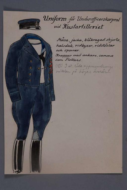 Uniformsteckning i original av Einar von Strokirch, för underofficerskorpral vid Kustartilleriet., uniform, drawing, einar von strokirch, non commissioned officer, corporal, military uniform, military