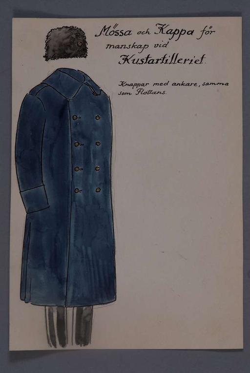 Uniformsteckning i original av Einar von Strokirch, mössa och kappa för manskap vid Kustartilleriet.
