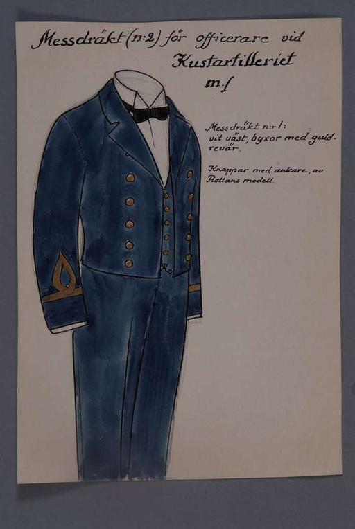 Uniformsteckning i original av Einar von Strokirch, mässdräkt för officer vid Kustartilleriet., uniform, drawing, officer, military, design, einar von strokirch