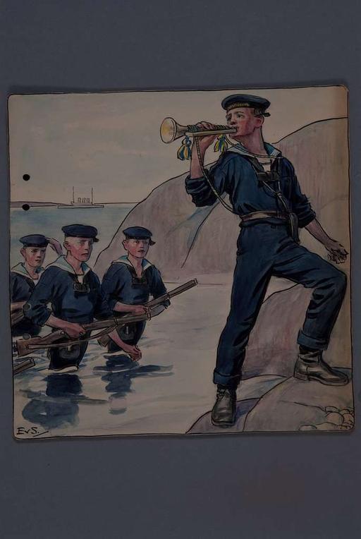Uniformsteckning i original av Einar von Strokirch, med flottans mundering., uniforms, naval uniforms, drawing, einar von strokirch, military, clothing, navy