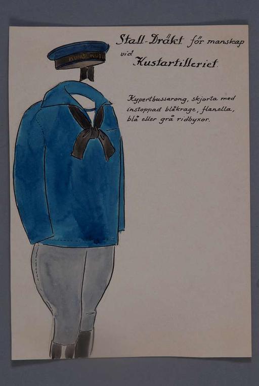 Uniformsteckning i original av Einar von Strokirch, stalldräkt för manskap vid Kustartilleriet., uniform, drawing, stable uniform, life regiment dragoons, military, einar von strokirch, livregementets dragoner, stalldrakt, manskap