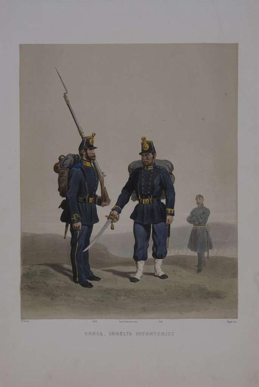 Plansch med uniform för Indelta infanteri. Plansch i färgtryck efter original av Fritz von Dardel. Ingår i planschsamlingen Den svenska och norske armeens uniformer, 1861-1863., uniforms, infantry, sweden, military, conscripted, color print, historical