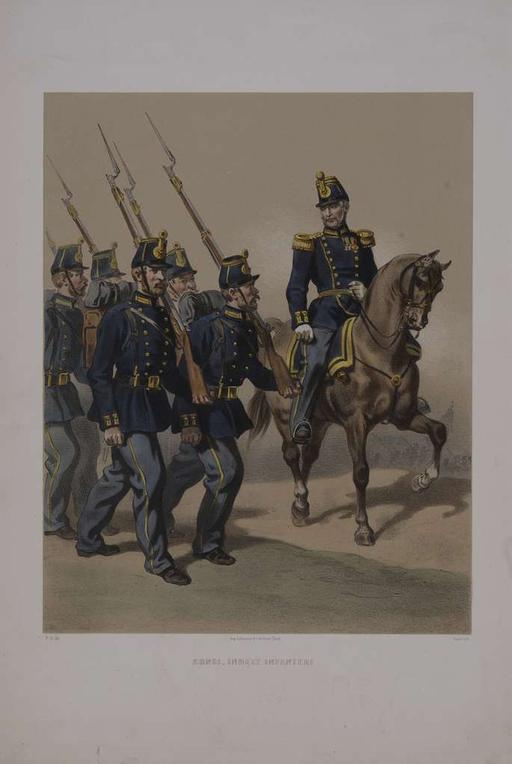 Plansch med uniform för Indelta infanteri. Plansch i färgtryck efter original av Fritz von Dardel. Ingår i planschsamlingen Den svenska och norske armeens uniformer, 1861-1863., uniforms, infantry, sweden, military, conscripted, soldiers, color print