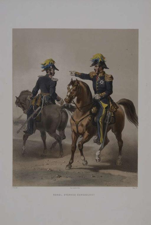Plansch med uniform för Svenska Generalitet. Plansch i färgtryck efter original av Fritz von Dardel. Ingår i planschsamlingen Den svenska och norske armeens uniformer, 1861-1863., uniforms, swedish military, general staff, military history, color print, military uniforms, sweden, generalitet