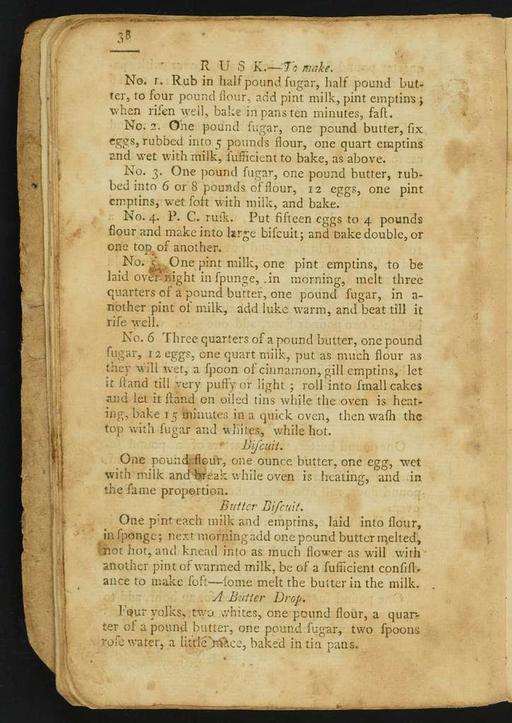 A page of rusk and biscuit recipes in Amelia Simmons’s American Cookery, 1796