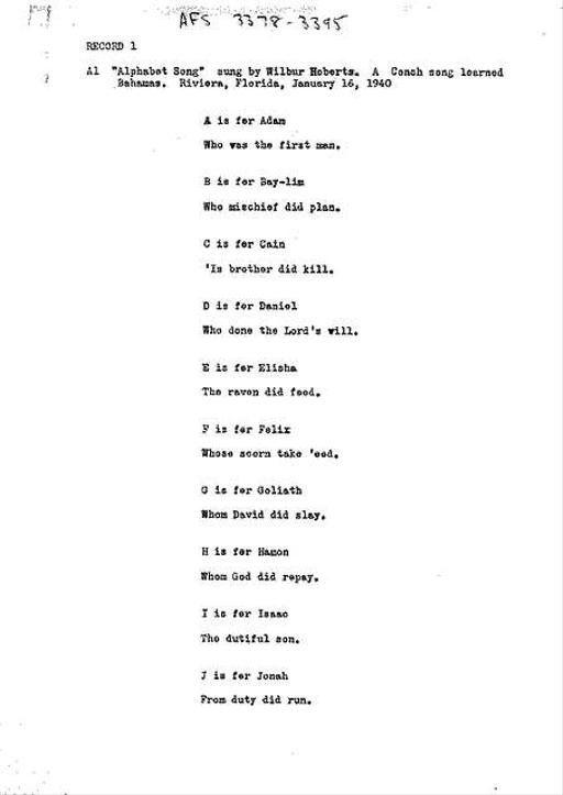 Alphabet Song Textual Transcription, 1940s — LOC's Public Domain Archive