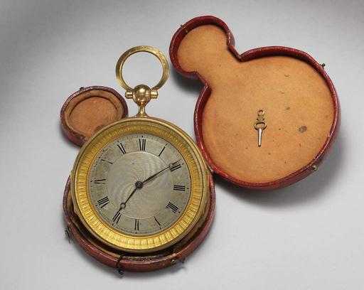 Round watch with key in original red leather case, pocket watch, watch, key, red leather case, antique, timepiece