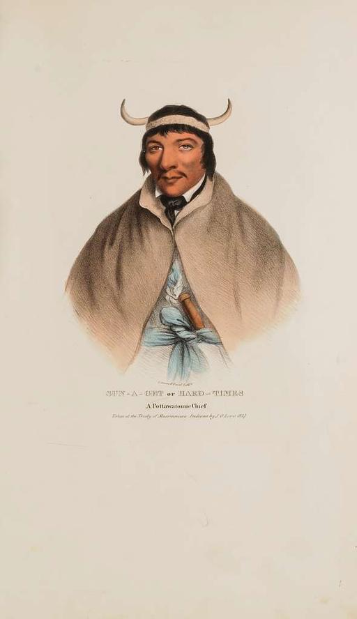 SUN-A-GET or Hard Times; A Pottawatomie Chief, from The Aboriginal Portfolio - SAAM - 1973.167.21, sun a wut, hard times, pottawatomie, chief, native american, indigenous, lithograph, portrait, 19th century, historical, treaty