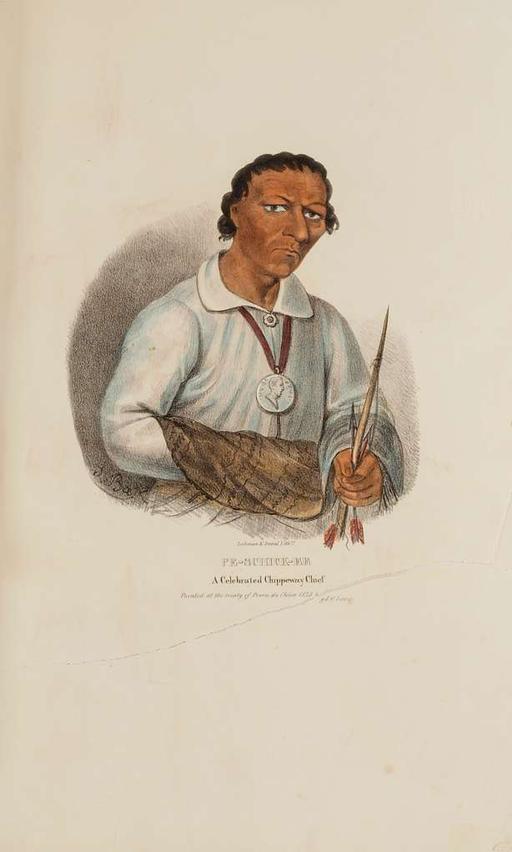 PE-SCHICK-EE; A Celebrated Chippeway Chief, from The Aboriginal Portfolio - SAAM - 1973.167.34, pe che ple ra, chippeway chief, native american, indigenous leader, treaty of prairie du chien, portrait, lithograph, historical figure, arrows, peace medal, 19th century, united states