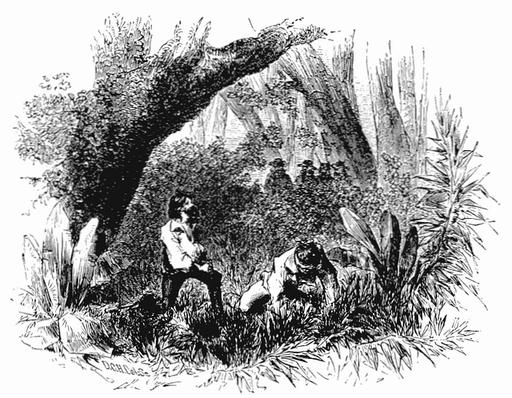 DEE D030 lombard and parks at prayer original, engraving, forest, men, hiding, wilderness, foliage, illustration, 19th century, nature, crouching, black and white