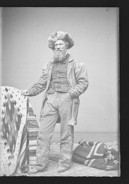 William Frederick Milton Arny by the Mathew Brady Studio - Original, man, portrait, frontier, buckskin, fur hat, beard, historic, black and white, 19th century, blanket, studio