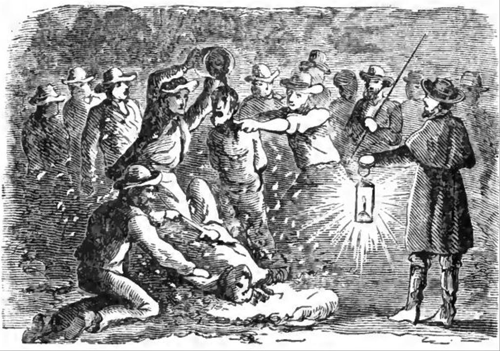1873 engraving of Joseph Smith and Sidney Rigdon being tarred and feathered by a mob near Hiram, Ohio, March 1832. Public domain.
