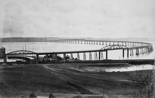 Original Tay Bridge from north before collapse (user restored version), tay bridge, railway bridge, bridge collapse, tay rail bridge, historical image, engineering, transportation