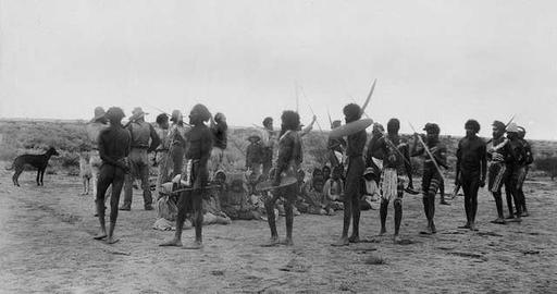 Aboriginal people at corroboree, William Creek, 5 September 1889 (James Taylor, SLSA B 23913-4), indigenous australians, aboriginal, traditional weapons, spears, shields, historical photo, anthropology, culture, gathering, australia
