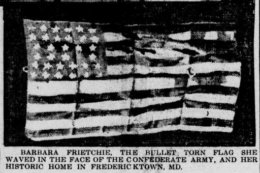 Barbara Frietchie Original Flag (Photographed in 1909), barbara frietchie, american flag, civil war, confederate army, frederick, maryland, historic home, bullet torn, flag, 19th century, us history