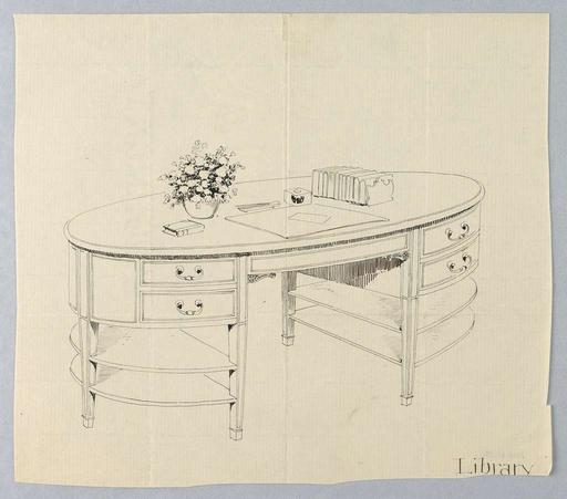 Drawing, Design for Oval Library Table with Four Open Semi-Circular ...