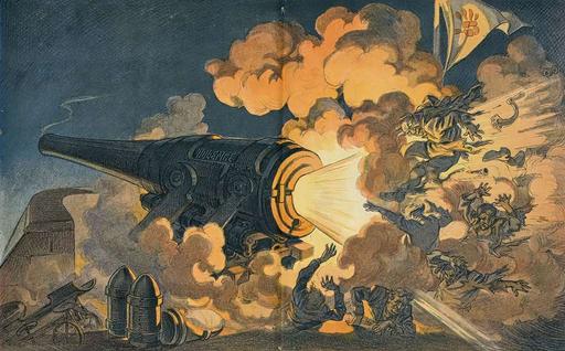 Violence Unleashed: Artillery Cannons in Chaos, 1911 Painting by Unknown Artist