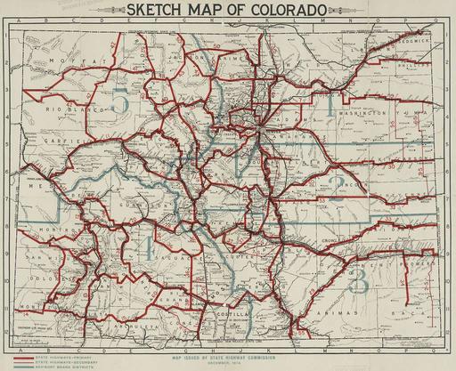 Sketch map of Colorado showing primary and secondary state highways and ...