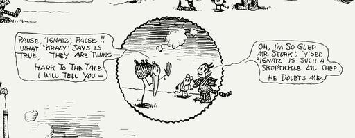 Krazy Kat 1917-11-04 original cropped, krazy kat, ignatz mouse, offissa pupp, comic strip, brick, cat, mouse, dog, humor