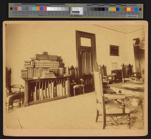 Interior of Iolani Palace (PPWD-2-2-010, original), iolani palace, library, victorian interior, historical architecture, bookcase