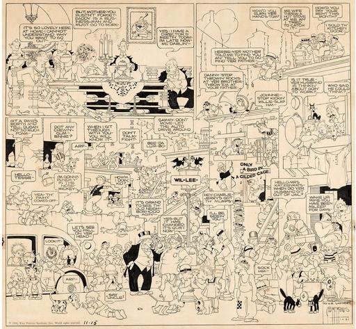 Bringing Up Father (1936-11-15 - original art), comic strip, humor, street scene, characters, dialogue, interactions, vintage, illustration, cartoon, 1930 s