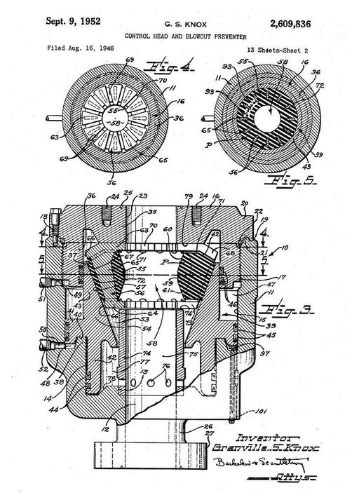 Patent drawing - Original Hydril Annular BOP Patent2 Public domain  image, hydril, annular bop, blowout preventer, patent, technical drawing, oil drilling, well control
