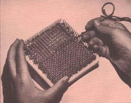 Original Loomette Weaves, Revised edition with improved joining method described, 1949 (page 1 crop to photo of tabby weaving), loomette weaves, weaving, craft kit, advertisement, vintage, textiles, needlework, loom, crafts, hobbies