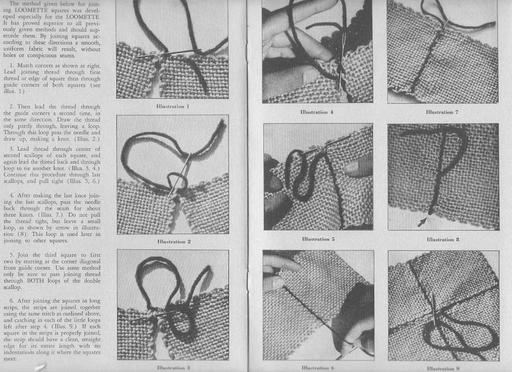 Original Loomette Weaves, Revised edition with improved joining method described, 1949 (page 9, joining instructions), loomette, weaving, crafts, potholders, advertisement, vintage, textiles, loom, needlework, hobby, diy
