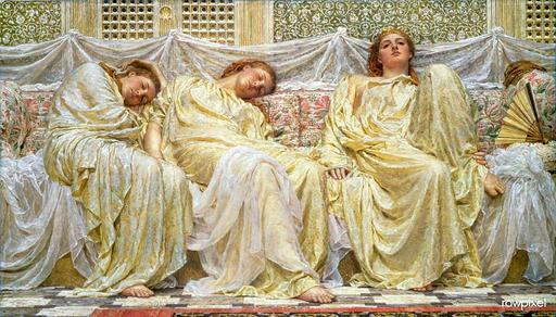 Dreamers (ca. 1850-1882) painting in high resolution by Albert Joseph Moore. Original from Birmingham Museum and Art Gallery. Digitally enhanced by rawpixel. (51927725393), albert moore, aesthetic movement, women, sleeping, gowns, drapery, classical, painting, oil on canvas, victorian art, decorative, harem