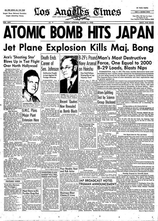 Los Angeles Examiner 1945年8月10日号 終戦直前の新聞 Los Angeles Times front page 6 August 1945 — PICRYL - Public