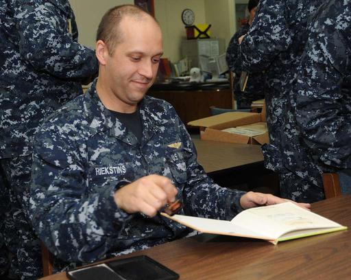 Petty Officer 1st Class Alexis Riekstins, originally, us navy, sailor, change of command ceremony, military, uniform, petty officer