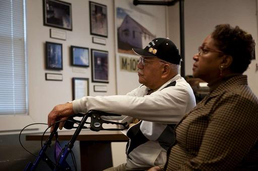 Ambrose Anderson (left), an original Montford Point, ambrose anderson, montford point marine, african american, marine corps, military, portrait, american flag, veteran
