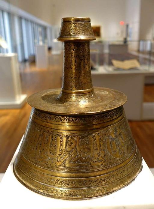Candlestick, perhaps Egypt, late 14th century AD, brass, originally inlaid with silver, gold, and black paste - Aga Khan Museum - Toronto, Canada - DSC06827, candlestick, brass, inlaid, silver, metalwork, islamic art, egyptian