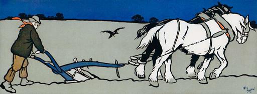 Rawpixel original lithographs by rawpixel-com 00045, ploughman, farming, agriculture, horses, plow, rural, field, print, woodcut style, cecil aldin, labor, bird