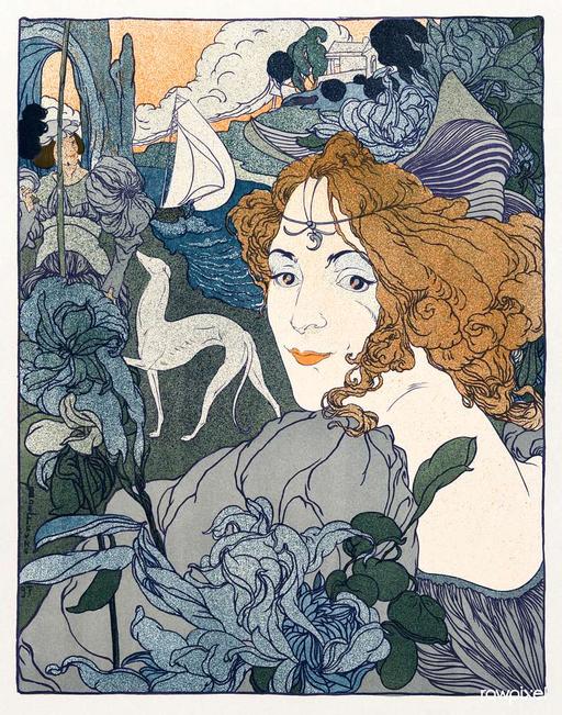 Retour (1897) print in high resolution by Georges de Feure. Original from The Cleveland Museum of Art. Digitally enhanced by rawpixel. (51080881656), art nouveau, lithograph, woman, red hair, greyhound, dog, sailboat, flowers, ocean, portrait
