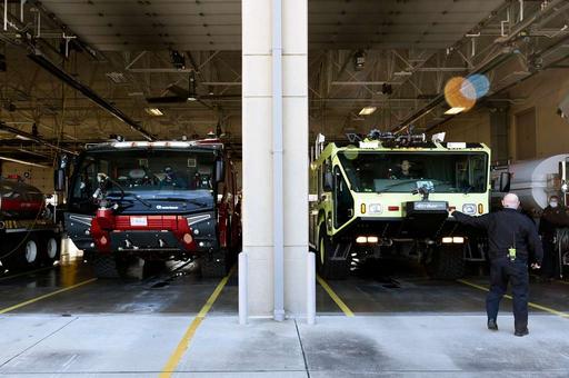 A yellow aircraft rescue firefighting vehicle (ARFV) - NARA & DVIDS ...