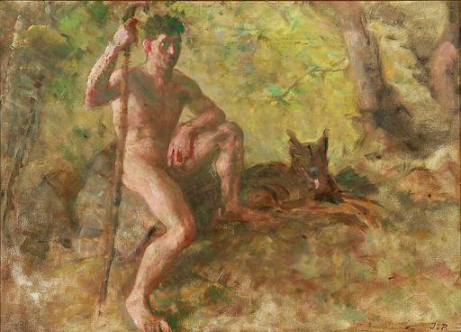 Julius Paulsen - A nude male with a dog in a forest - PICRYL ...