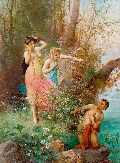 Hans Zatzka - Two Nymphs with Fishing Rod Discover a Faun